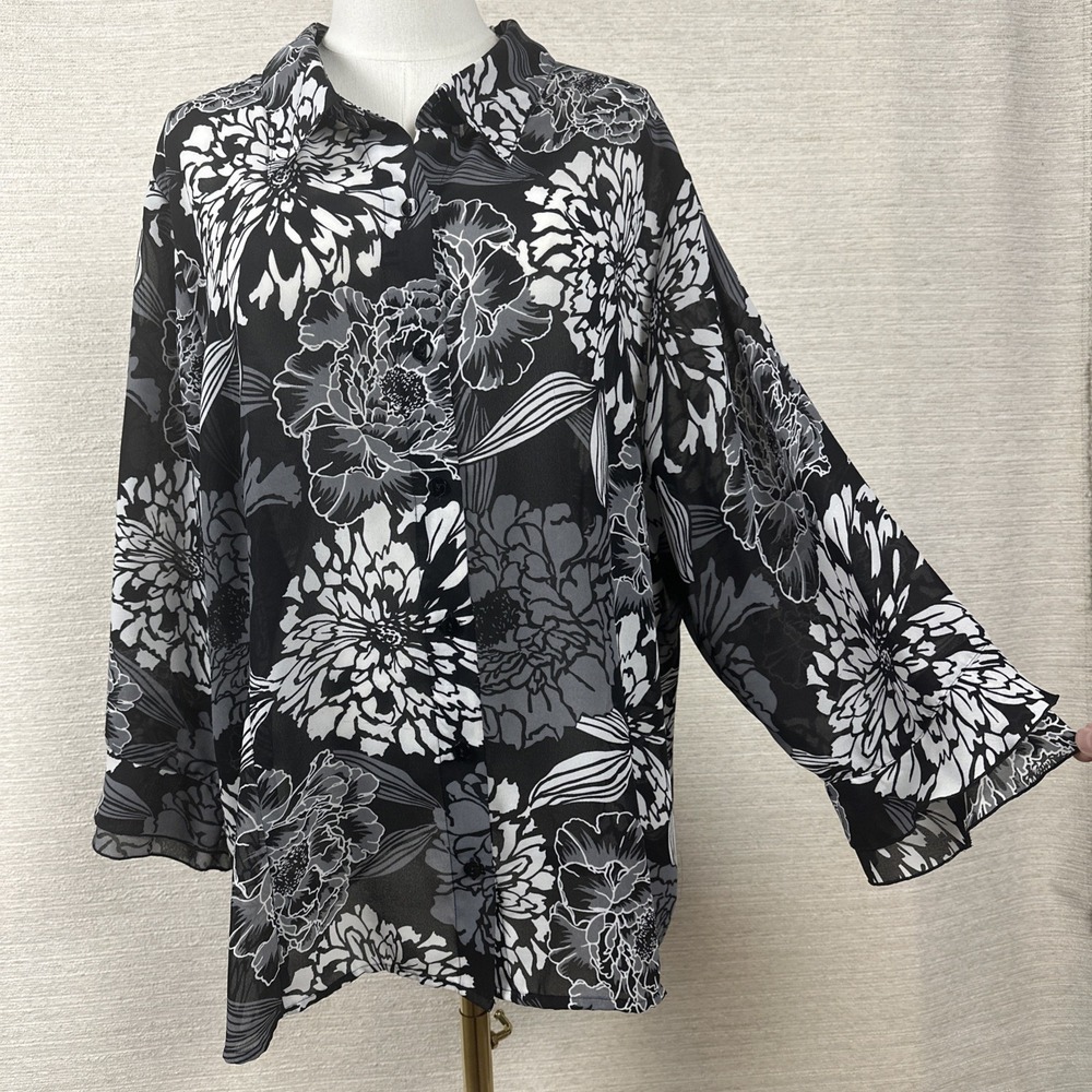Sheer Floral Bell Sleeve Blouse Artsy Boho Lagenlook Layering Top 22/24 - Picture 3 of 11